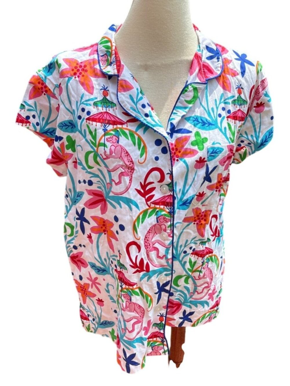 XL Pajama Top Colorful Monkey & Floral Print 100% Cotton Sateen Womens